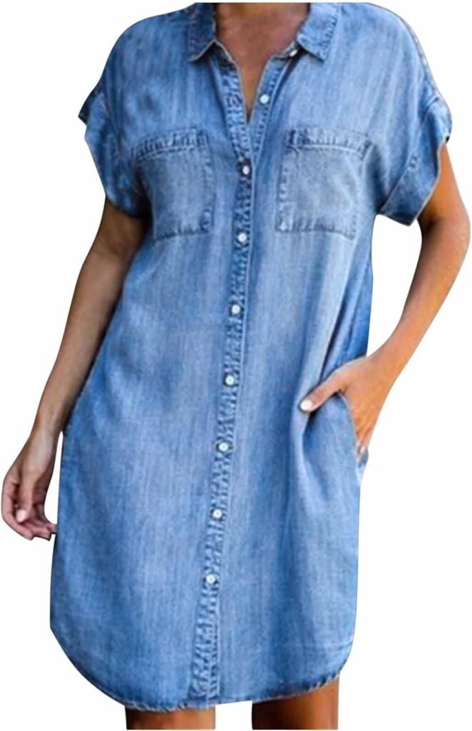 AMhomely Womens Dresses Sale Clearance Summer Dresses Slim Denim Dress Casual V Neck Midi Dress Short Sleeve A-Line Dress Beach Sundress Loose Shirts Dresses Ladies Trendy Tunic Dresses AMhomely Womens Dresses Sale Clearance Summer Dresses Slim Denim Dress Casual V Neck Midi Dress Short Sleeve A-Line Dress Beach Sundress Loose Shirts Dresses Ladies Trendy Tunic Dresses