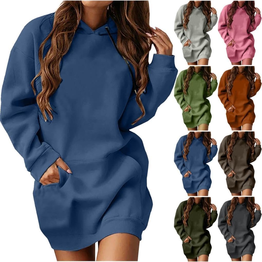 AMhomely Women’s Hoodie Dress Fall Winter Casual Long Sleeve Pocket Pullover Dress Loose Lightweight Sweatshirt Dress Casual Sweatshirt Hooded Dress Ladies Jumper Loose Sportswear Tops