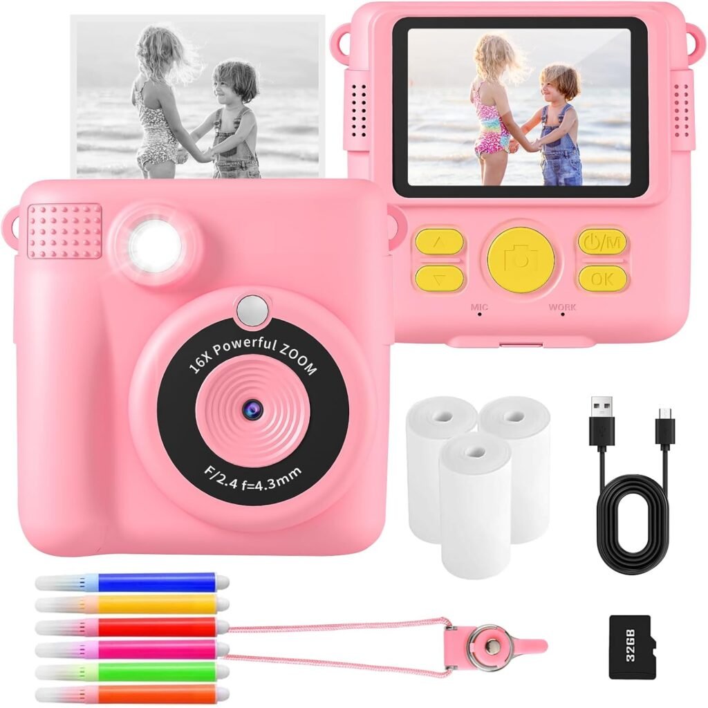 AORILE Kids Camera,Instant Print Camera for Kids,1080P HD Digital Camera with 32G SD Card,3 Rolls Photo Paper & 6 Color Pens, for 3-14 Year Old Girls (Pink) AORILE Kids Camera,Instant Print Camera for Kids,1080P HD Digital Camera with 32G SD Card,3 Rolls Photo Paper & 6 Color Pens, for 3-14 Year Old Girls (Pink)