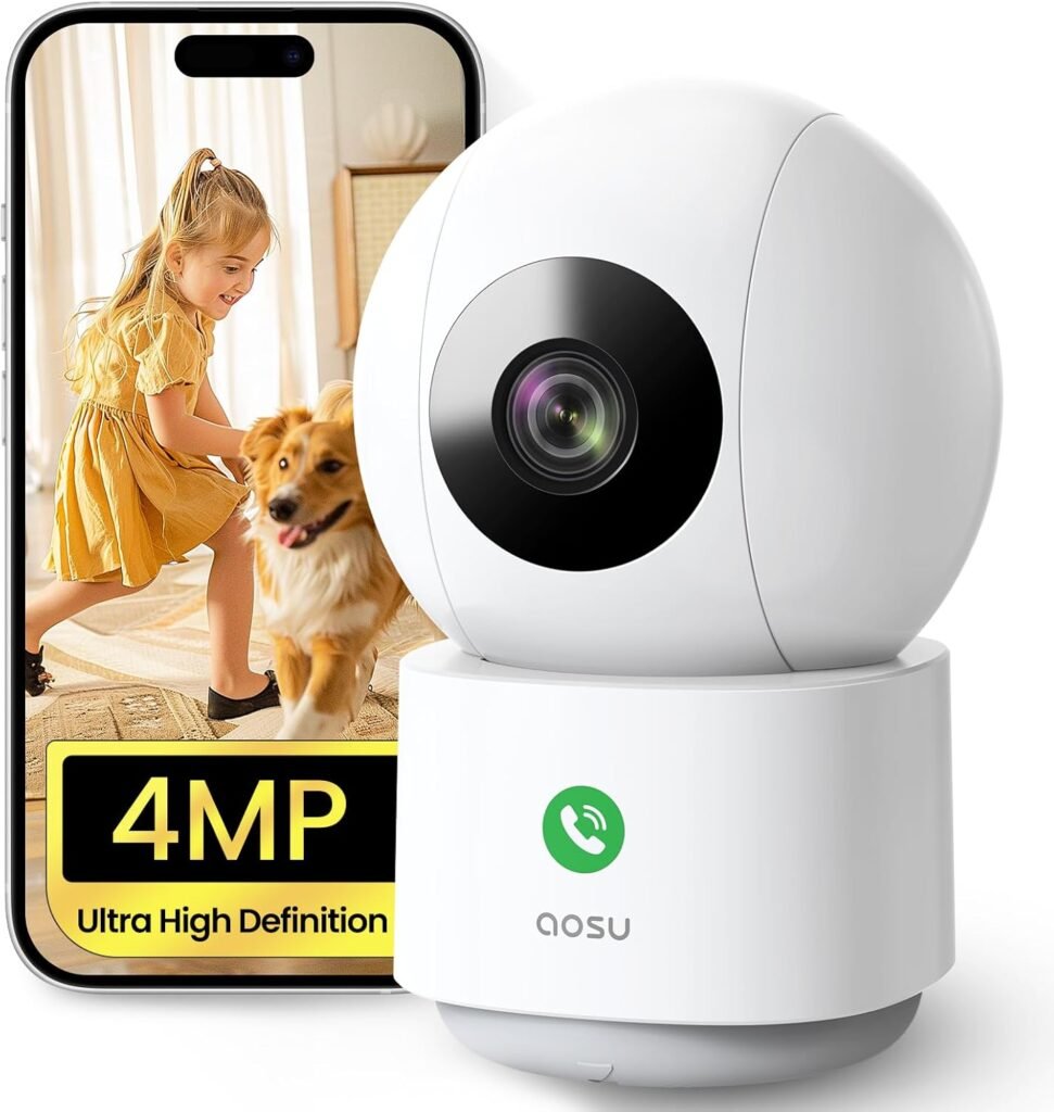 AOSU 4MP Security Camera Indoor, 2.5K Baby Monitor Pet Camera 360° for Home Security, WiFi Camera with 5/2.4 GHz Wi-Fi, One-Touch Call, Smart Motion Tracking, IR Night Vision, Compatible with Alexa