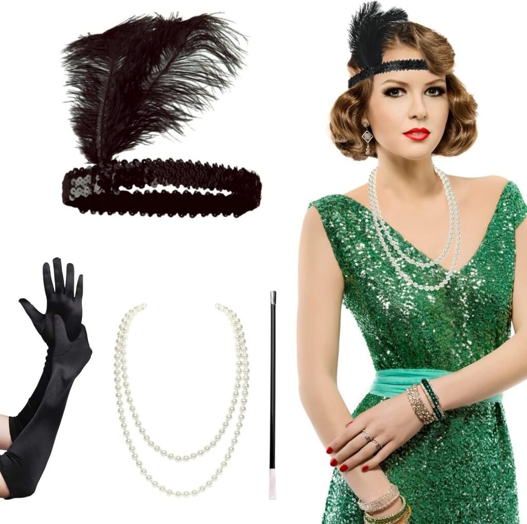 AOT 1920s Flapper Headband Set Vintage Feather Headpiece with Necklace Cigarette Rod and Long Black Gloves 20s Theme Party Accessories for Women Costume Prom Wedding Carnival Party