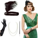 AOT 1920s Flapper Headband Set Vintage Feather Headpiece with Necklace Cigarette Rod and Long Black Gloves 20s Theme Party Accessories for Women Costume Prom Wedding Carnival Party