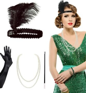 AOT 1920s Flapper Headband Set Vintage Feather Headpiece with Necklace Cigarette Rod and Long Black Gloves 20s Theme Party Accessories for Women Costume Prom Wedding Carnival Party