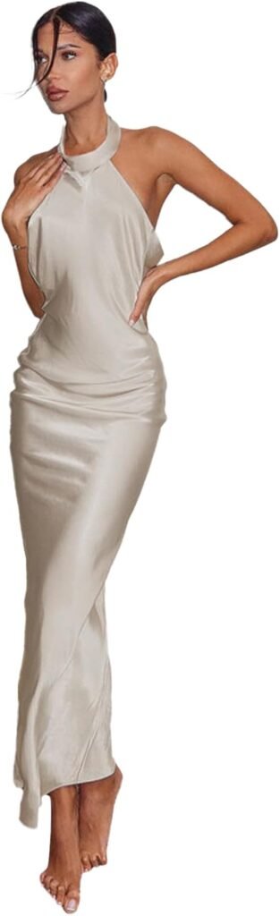 AOWVUTS Backless Maxi Dresses for Women Satin Halter Neck Sexy Long Dresses Solid Color Sleeveless Evening Gown Ball Prom Wedding