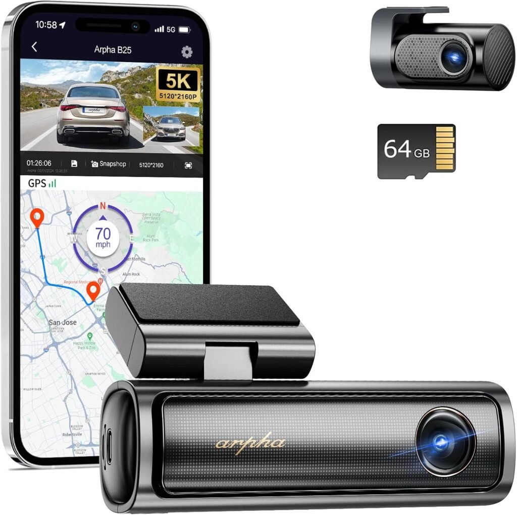 ARPHA B25 5K Dash Cam with 5G WiFi Free 64GB SD Card, ADAS Dual Dashcam Front and Rear, Car Camera, GPS, Voice Control WDR Night Vision G-Sensor 24H Parking Monitor, Max Up Support to 256GB