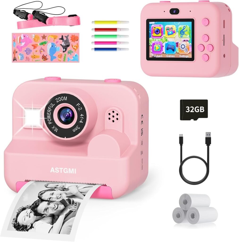 ASTGMI Kids Camera,Kids Instant Print Selfie Camera for Girls,1080P HD Digital Camera for Kids with Print Paper & 32GB Card, Christmas Birthday Gifts Kids Toys for 3-12 Years Old (Pink)