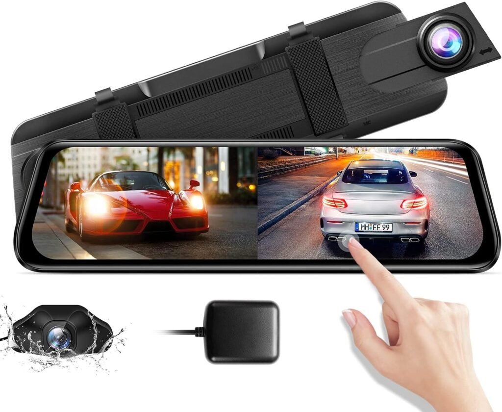 AZDOME 2.5K Mirror Dash Cam, Built-in GPS 10″ Split-Screen Display Rear View Mirror Camera, Night Vision 170° FOV Dual Backup Camera with Sony Sensor, Loop Recording, Parking Mode, 32GB Card (PG02S)