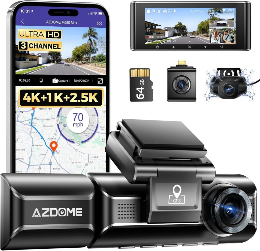 AZDOME 4K 3 Channel Dash Cam, 4K+1080P+2.5K Front and Rear Inside Built-in WiFi GPS, 64GB Card Included, Triple Car Camera with 3.19″ Screen, IR Night Vision, WDR, 24H Parking Mode (M550 Max)