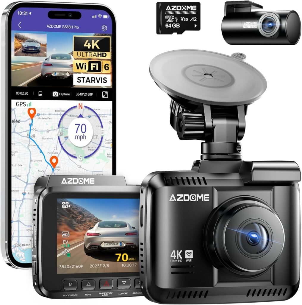 AZDOME Dashcam Auto Vorne Hinten 4K/2,5K GPS WiFi Dash Cam Auto mit 64GB SD Karte, Dual Auto Kamera, Parküberwachung, Super Nachtsicht, WDR, 170° Weitwinkel, G-Sensor, Loop-Aufnahme, GS63H Pro
