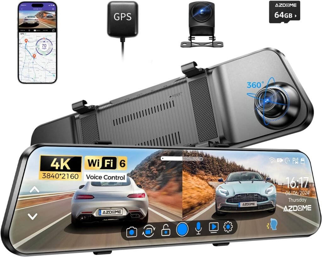 AZDOME PG17 WiFi Rear View Mirror Camera, 12″ Mirror Dash Cam, Dual Camera 2.5K Front and 1080P Rear Camera for Car, Free 64GB TF Card, Waterproof Backup Camera Night Vision, Parking Assistance GPS