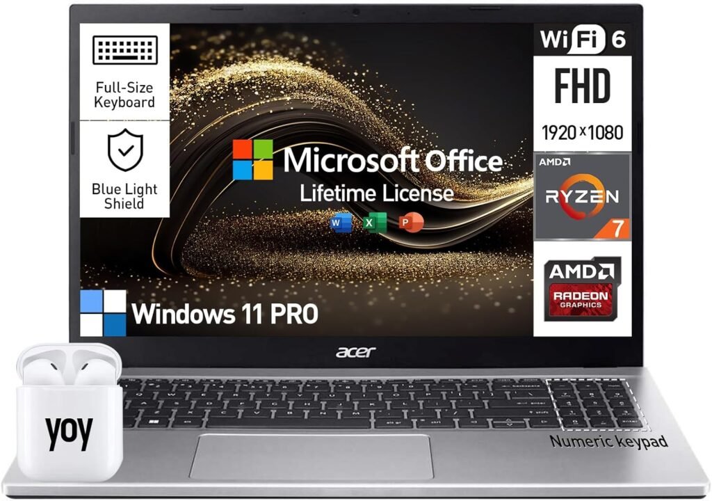 Acer Aspire 3 15.6 Laptop Computer, 15 Inch FHD College Students & Business Laptop PC, AMD Ryzen 7, 32GB RAM 1TB SSD, Windows 11 Pro, Lifetime Office, Numeric Keyboard, Ethernet Port, HDMI, Camera