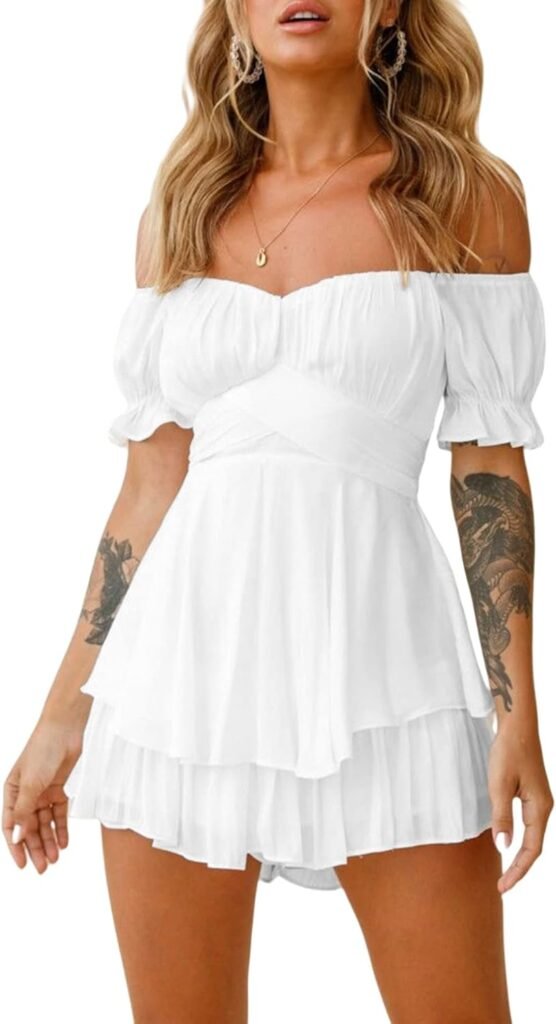Acrawnni Women Puff Sleeve Dress Off Shoulder Smocked Bodycon Mini Dress Casual Ruched Boat Neck Ruffled A-Line Flowy Short Dress
