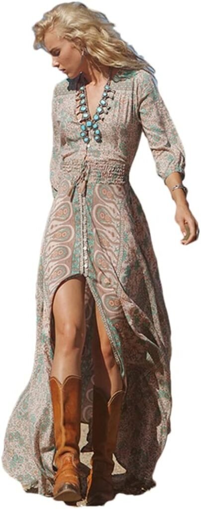 Adhdyuud Women Boho Floral Print Long Dress Summer Three Quarter Sleeve V-Neck Gypsy Vintage Hippie Dresses