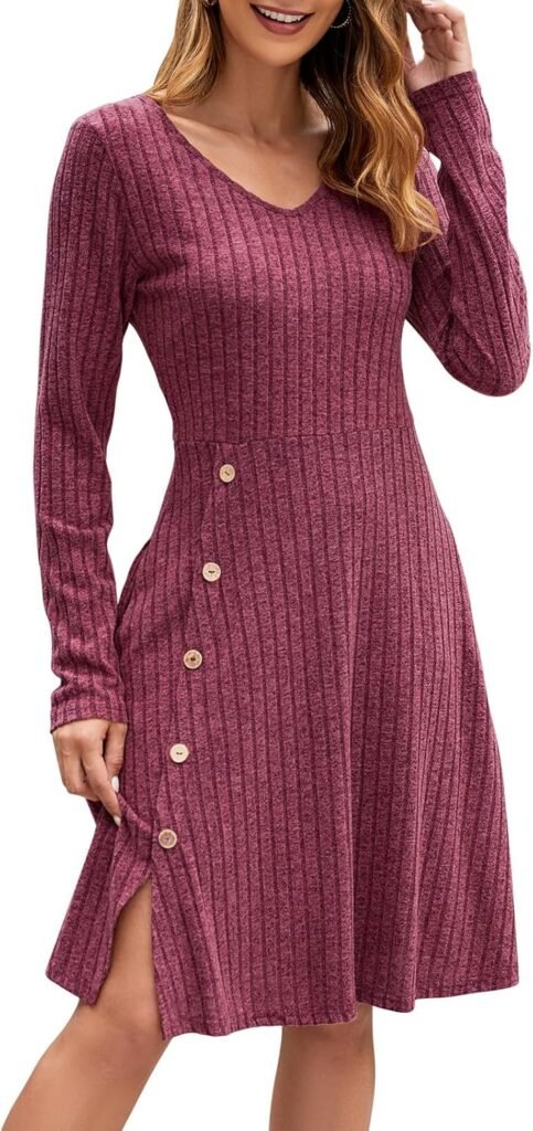 Adigaber Women’s Long Sleeve Winter Dress with Pockets Side Buttons Casual V Neck Ribbed Fall Dress