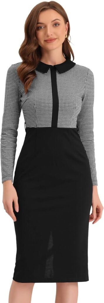 Allegra K Business Dress for Women’s Houndstooth Print Long Sleeve Contrast Placket Bodycon Dress with Belt