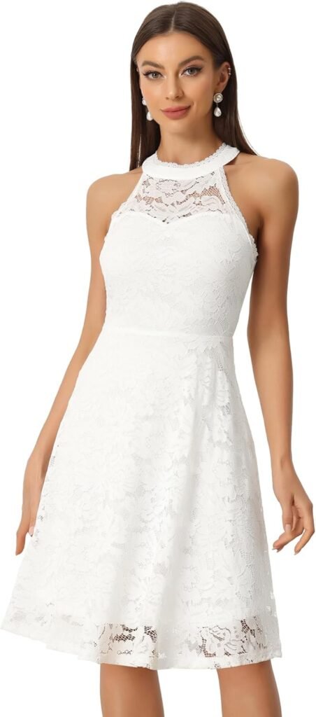 Allegra K Lace Dress for Women’s Halter Neck Sleeveless Elegant Cocktail A-Line Dress