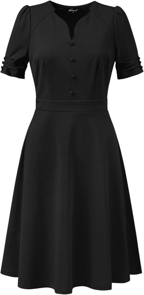 Allegra K Women’s A-Line Dress, Pleated Short Sleeve, Sweetheart Neck, Elegant Business, Work Dresses for Women