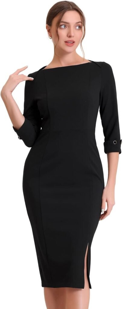 Allegra K Women’s Elegant Boat Neck 3/4 Sleeves Midi Split Sheath Dress