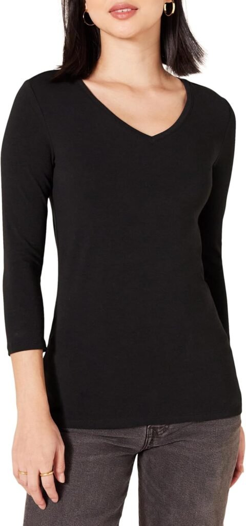Amazon Essentials Women’s Classic-Fit 3/4 Sleeve V-Neck T-Shirt (Available in Plus Size), Multipacks