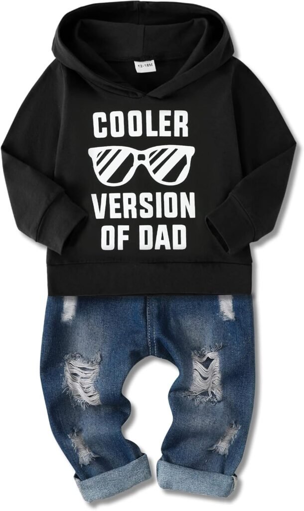 Amissz Baby Boy Clothes Toddler Boys Outfit 1-6T Infant Letter Printed Sweatshirt Fashion Long Sleeve Hoodie Tops Ripped Jeans Set 2PC