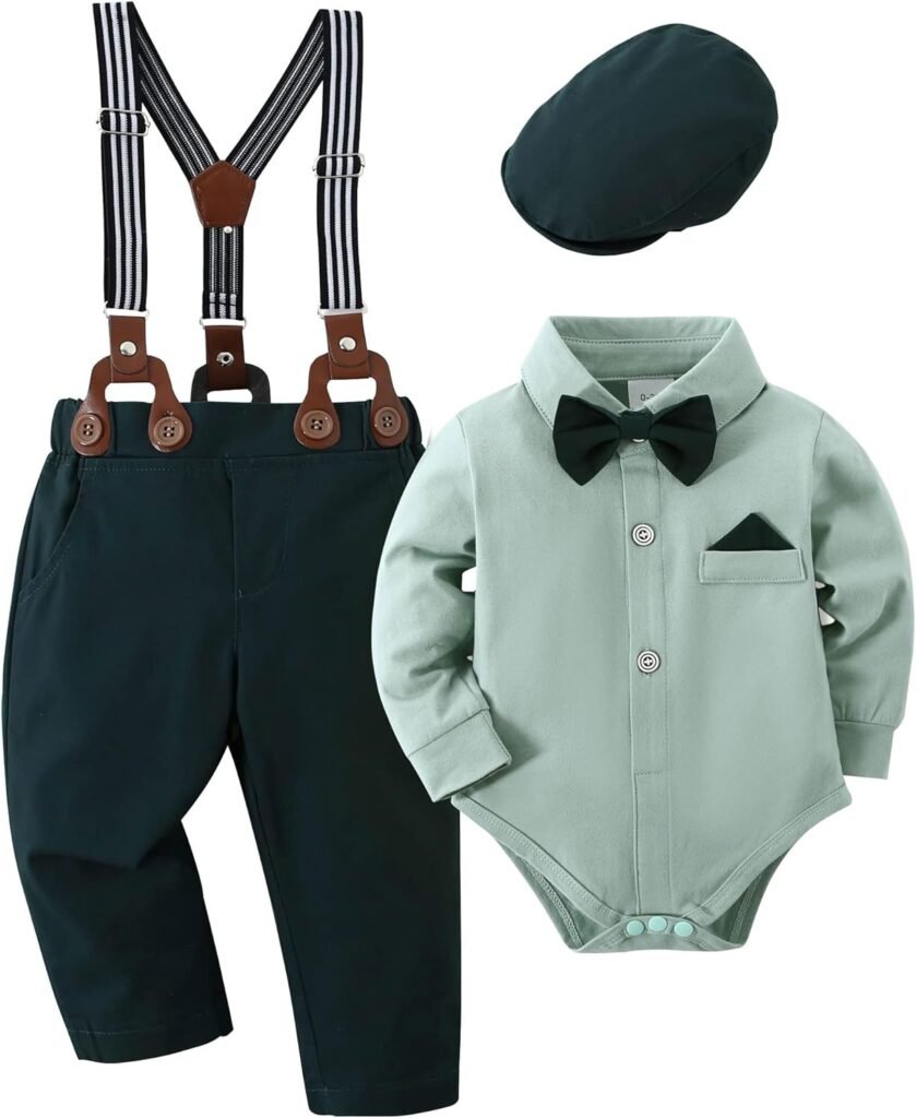 Amissz Baby Boy Gentleman Clothes Suit Set, 0-18M Infant Tuxedo Long Sleeve Romper + Suspenders Pants with Bowtie Outfit