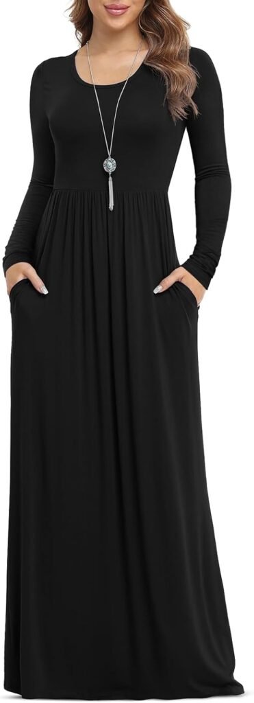 Anelune Dresses for Women Short/Long Sleeve Loose Plain Plus Size Maxi Dresses Casual Long Dresses with Pockets（S-3XL）