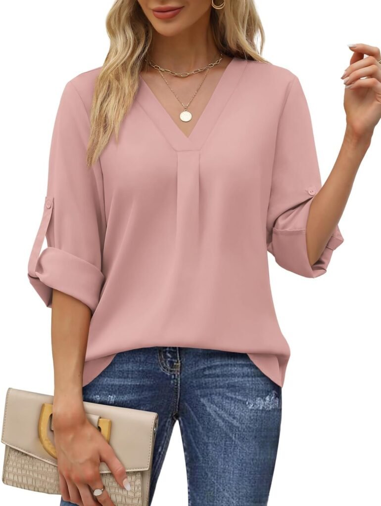 Aokosor Ladies Blouses Womens Long Sleeve Tops V Neck Pleated Chiffon Tunics