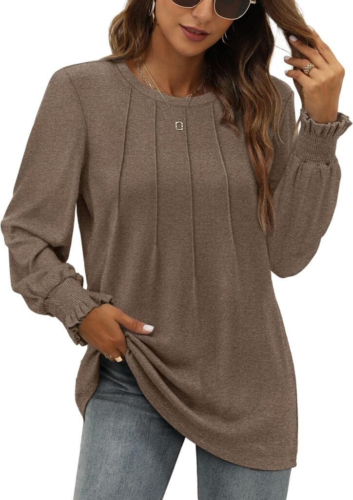 Aokosor Ladies Jumpers Long Sleeve Tops Womens-Crew Neck Sweatshirt Pleated Tunic Shirt Womens Tops
