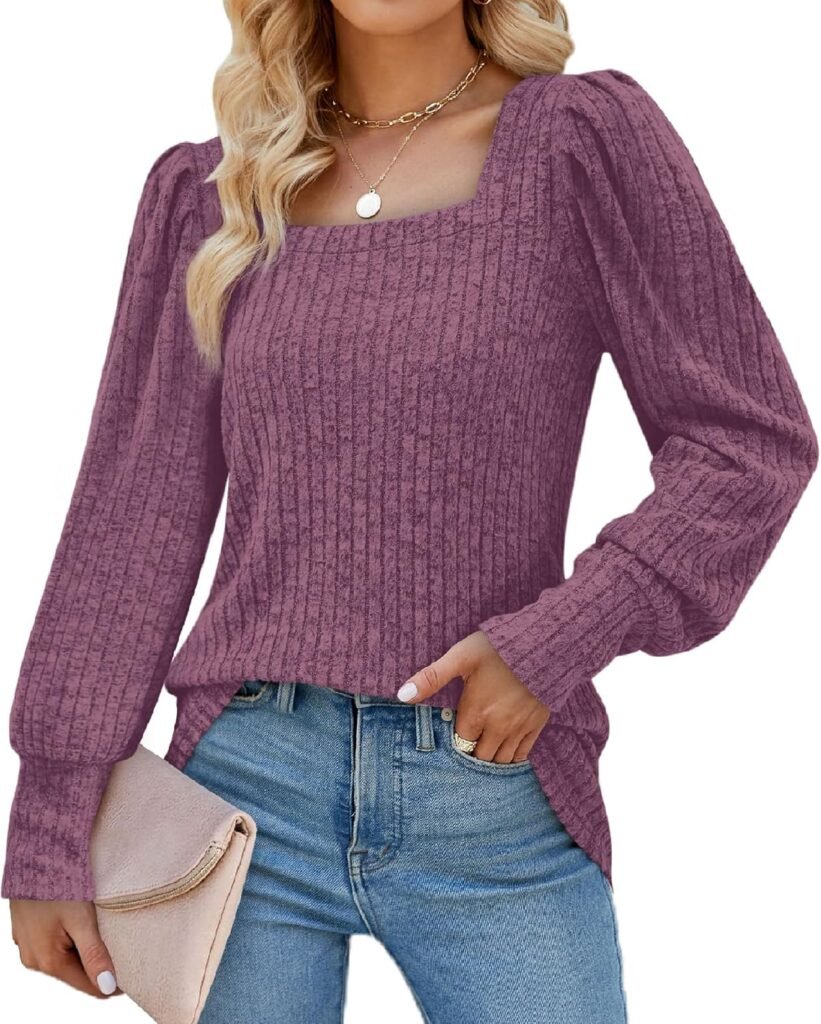 Aokosor Womens Long Sleeve Tops Ladies Square Neck Jumpers Puff Sleeves Sweatshirts