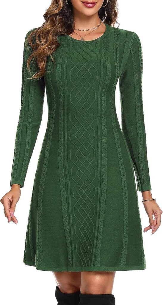 Aottori Winter Jumper Dress for Women UK Round Neck Knitted Sweater Dresses Ladies Long Sleeve Bodycon Casual Party Tunic Dresses