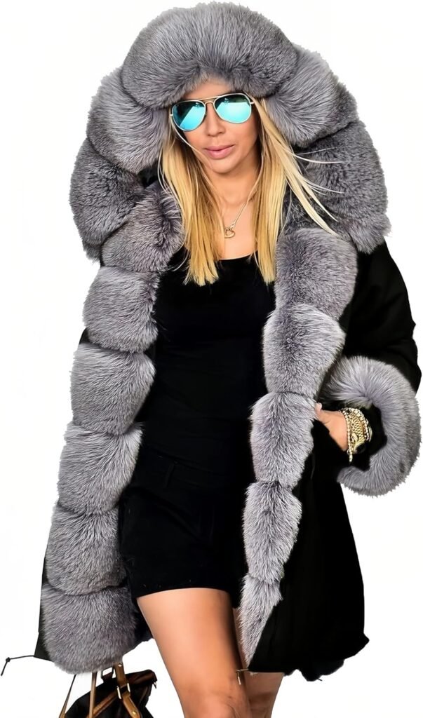 Aox Women Winter Faux Fur Hooded Coat Lady Warm Lined Thicken Parka Jacket Plus Size Outdoor Overcoat