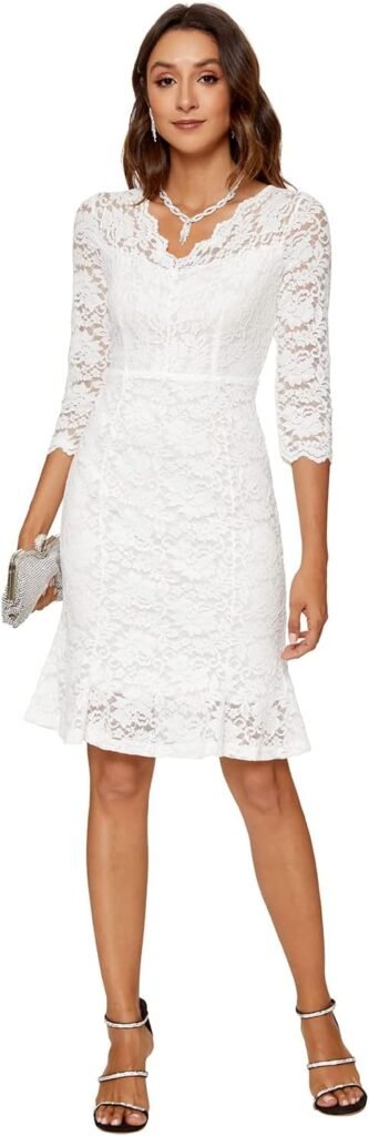 Atnlewhi Women’s 3/4 Sleeve V-Neck Formal Evening Bodycon Knee-Length Vintage Lace Dress Elegant Cocktail Dresses