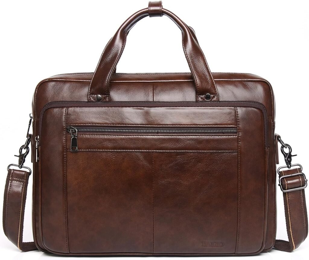 BAIGIO Real Leather Briefcase for Men with 15.6 inch Laptop Compartment, Large Over Shoulder Bag Mens Vintage Work Handbag Functional Cross Body Messenger for Business Office Travel, Coffee Brown