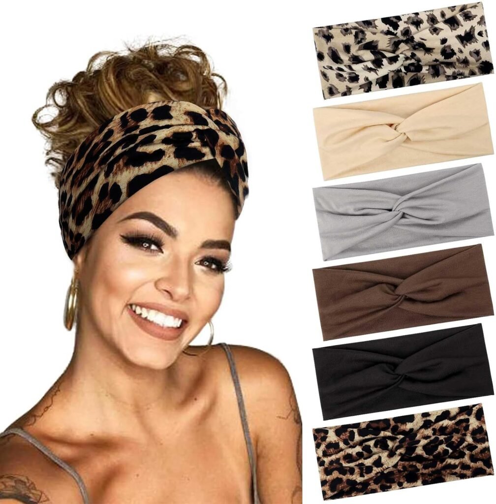 BELEVO Hair Bands for Women, 6 Pcs Elastic Head Bands Boho Wide Soft Ladies Headband, Yoga Sports Hair Accessories for Women (Leopard Print, Solid Color)