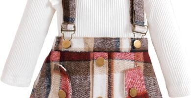 BENO TIGER Toddler Baby Girls Long Sleeve Skirt Set Solid Color Cotton Ribbed Shirt Top Plaid Suspender A-line Skirt Clothes Set BENO TIGER Toddler Baby Girls Long Sleeve Skirt Set Solid Color Cotton Ribbed Shirt Top Plaid Suspender A-line Skirt Clothes Set