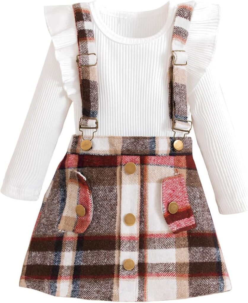 BENO TIGER Toddler Baby Girls Long Sleeve Skirt Set Solid Color Cotton Ribbed Shirt Top Plaid Suspender A-line Skirt Clothes Set BENO TIGER Toddler Baby Girls Long Sleeve Skirt Set Solid Color Cotton Ribbed Shirt Top Plaid Suspender A-line Skirt Clothes Set