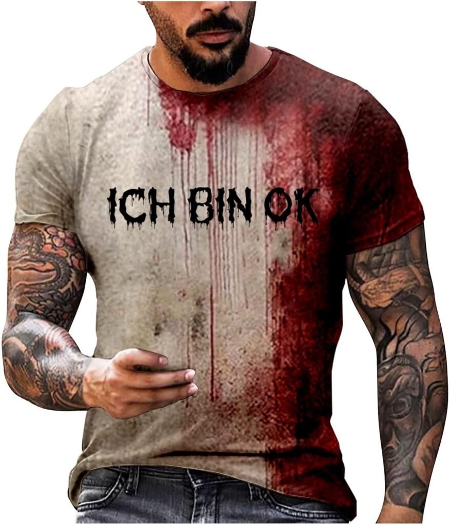 BMKKTOP Mens Halloween Problem Solved T Shirt I’m Fine Tshirt Short Sleeve Crewneck Blood Splatter T-Shirts Halloween T Shirts Gifts Novelty Halloween Costume