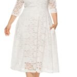 BSLVWG Women Plus Size Lace Cocktail Dresses Summer Round Neck Short Sleeve Wedding Guest Midi Dress with Pocket