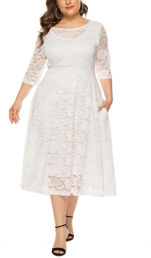 BSLVWG Women Plus Size Lace Cocktail Dresses Summer Round Neck Short Sleeve Wedding Guest Midi Dress with Pocket