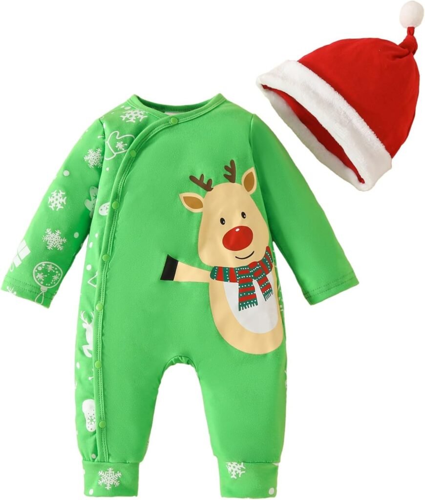 Baby Christmas Clothes Infant Boys Girls Long Sleeve Romper Jumpsuit Snap Up Reindeer Bodysuit with Xmas Hat Clothing Festive Casual Xmas Clothing