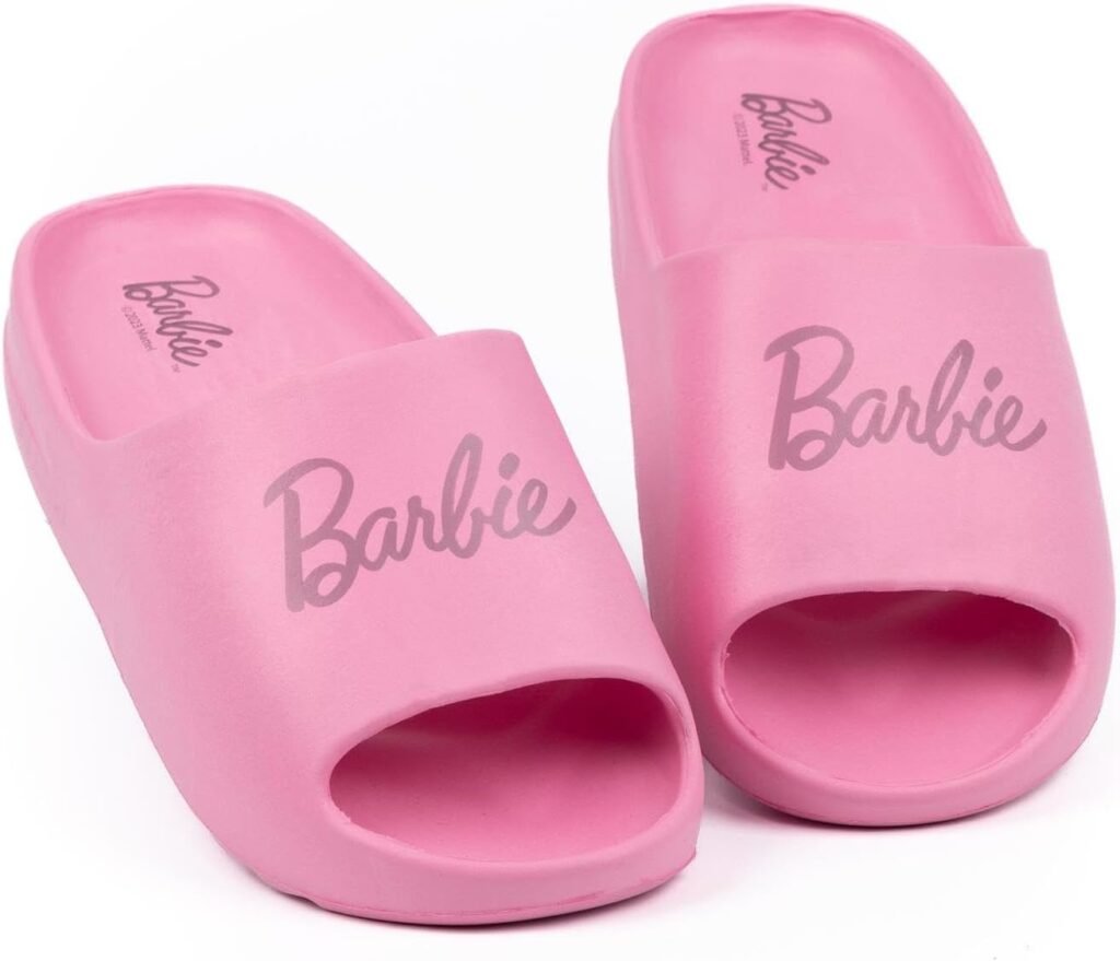 Barbie Girls Sliders | Pink Moulded Ridge Bottom Sandals For Kids & Teens | Fashion Doll Classic Logo Beachwear & Summer Pool Shoes | Slip-on Footwear Movie Merchandise Gift for Children