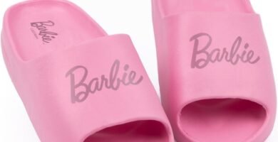 Barbie Girls Sliders | Pink Moulded Ridge Bottom Sandals For Kids & Teens | Fashion Doll Classic Logo Beachwear & Summer Pool Shoes | Slip-on Footwear Movie Merchandise Gift for Children