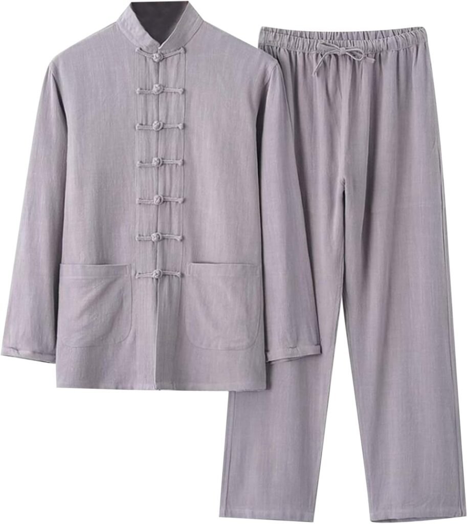 Bauzuoyo Men’s Suit Chinese Style Traditional Martial Arts Kung Fu Tai Chi Wushu Classic Tangzhuang Long Sleeve Shirt Trousers Training Uniform Spring Autumn Leisure Clothing Linen Suit