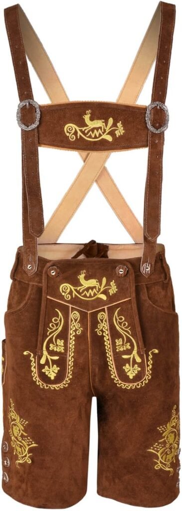 Bavarianland Men,s Lederhosen Real Suede Leather with Matching Suspenders Shorts (UK 38 inch/EU 54, Brown)