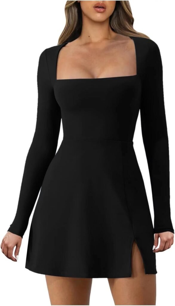 Bcenoilua Womens Square Neck Bodice Short Dress Long Sleeve Sexy Side Slit Flare Mini Dressess Stretch Solid Colour Bodycon Dress