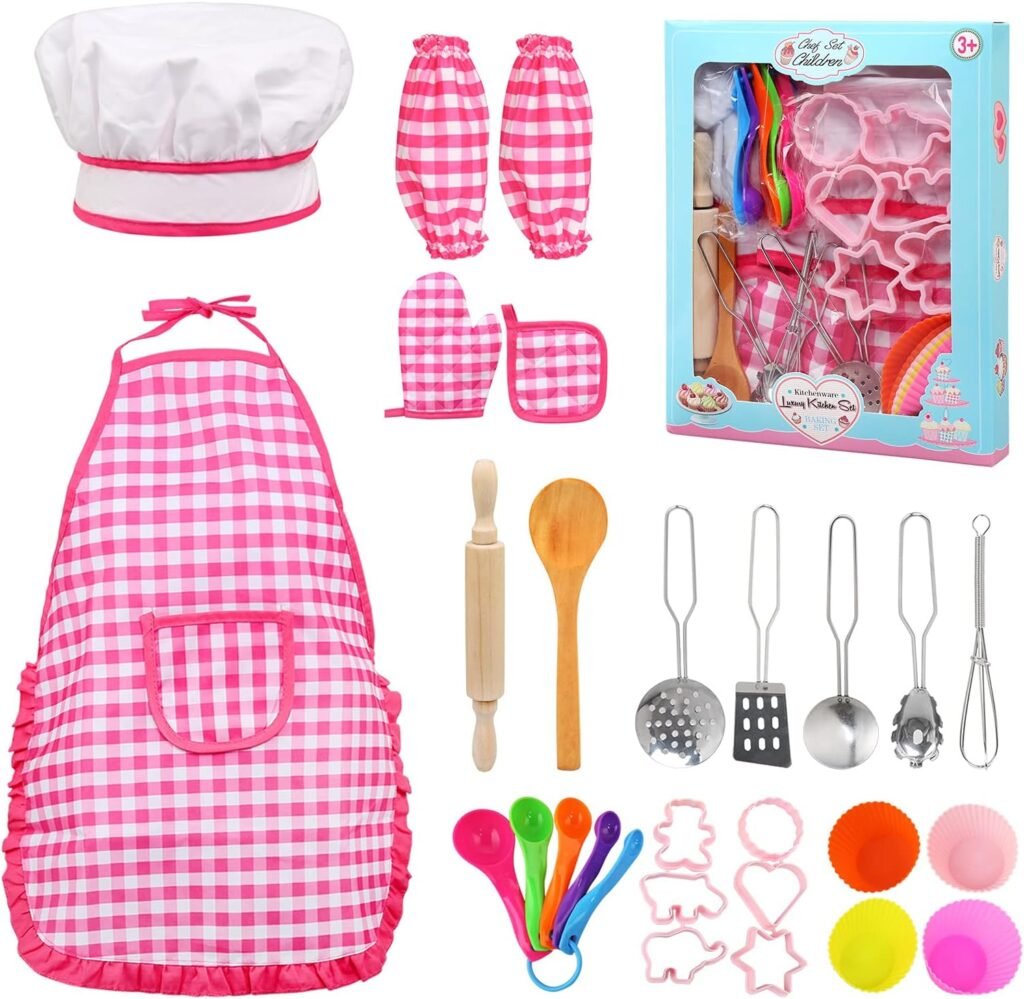 BelleStyle Kids Baking Set, 28Pcs Kids Cooking Set for Age 3-8, Kids Chef Set, Includes Apron for Girls, Chef Hat, Mitt & Utensil for Toddler Dress Up Chef Costume Career Role Play Set
