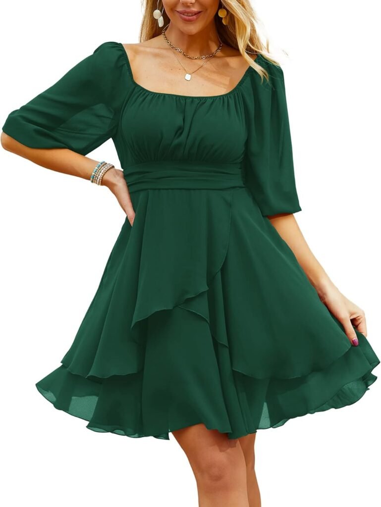 Beluring Dress for Women Square Neck Puff Short Sleeve Square Neck Elastic Waist Casual Chiffon Mini Dress Beluring Dress for Women Square Neck Puff Short Sleeve Square Neck Elastic Waist Casual Chiffon Mini Dress