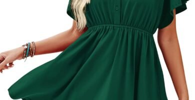 Beluring Women’s Casual V Neck Short Sleeve Ruffle Tunic Dress 12-14 Beluring Women’s Casual V Neck Short Sleeve Ruffle Tunic Dress 12-14