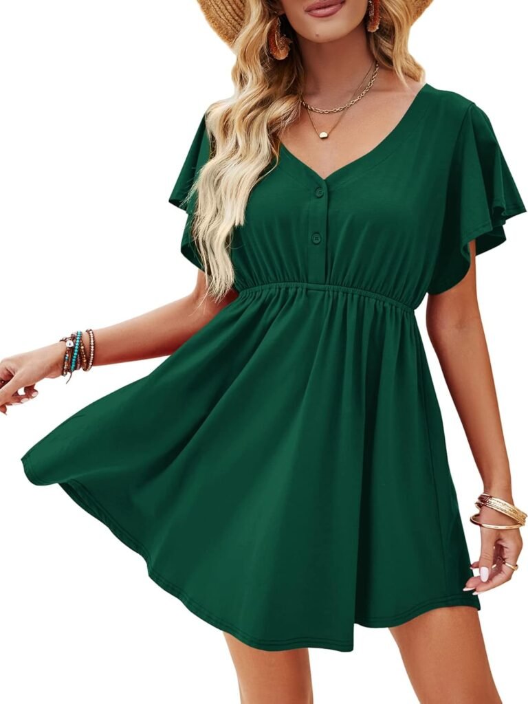 Beluring Women’s Casual V Neck Short Sleeve Ruffle Tunic Dress 12-14