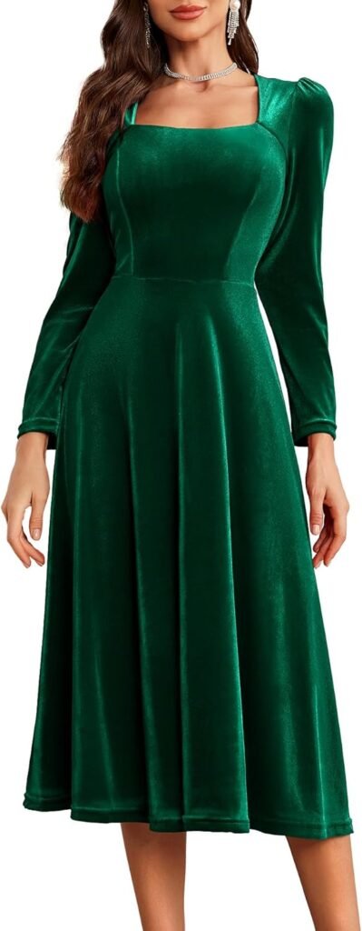 Berylove Dresses Women’s Festive Long Sleeve Winter Dress Evening Dress Elegant for Wedding Midi Velvet Party Dress Prom Dresses Cocktail Dress